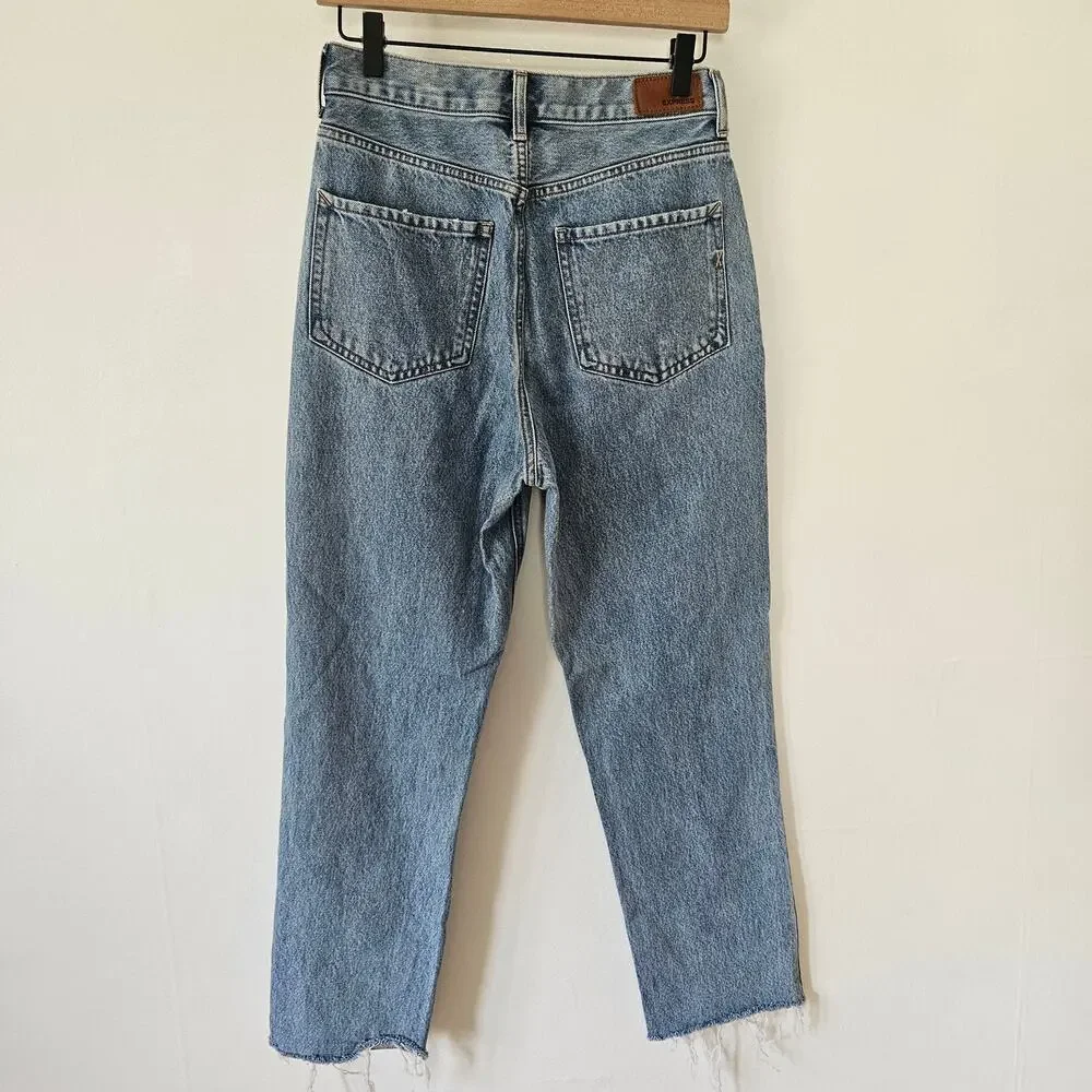 Express Super High Rise Mom Jeans‎ Women's 2 Raw Hem Straigh Leg